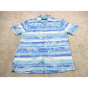Tommy Bahama Shirt Mens Medium Blue White Silk Print Hawaiian Camp Button Up